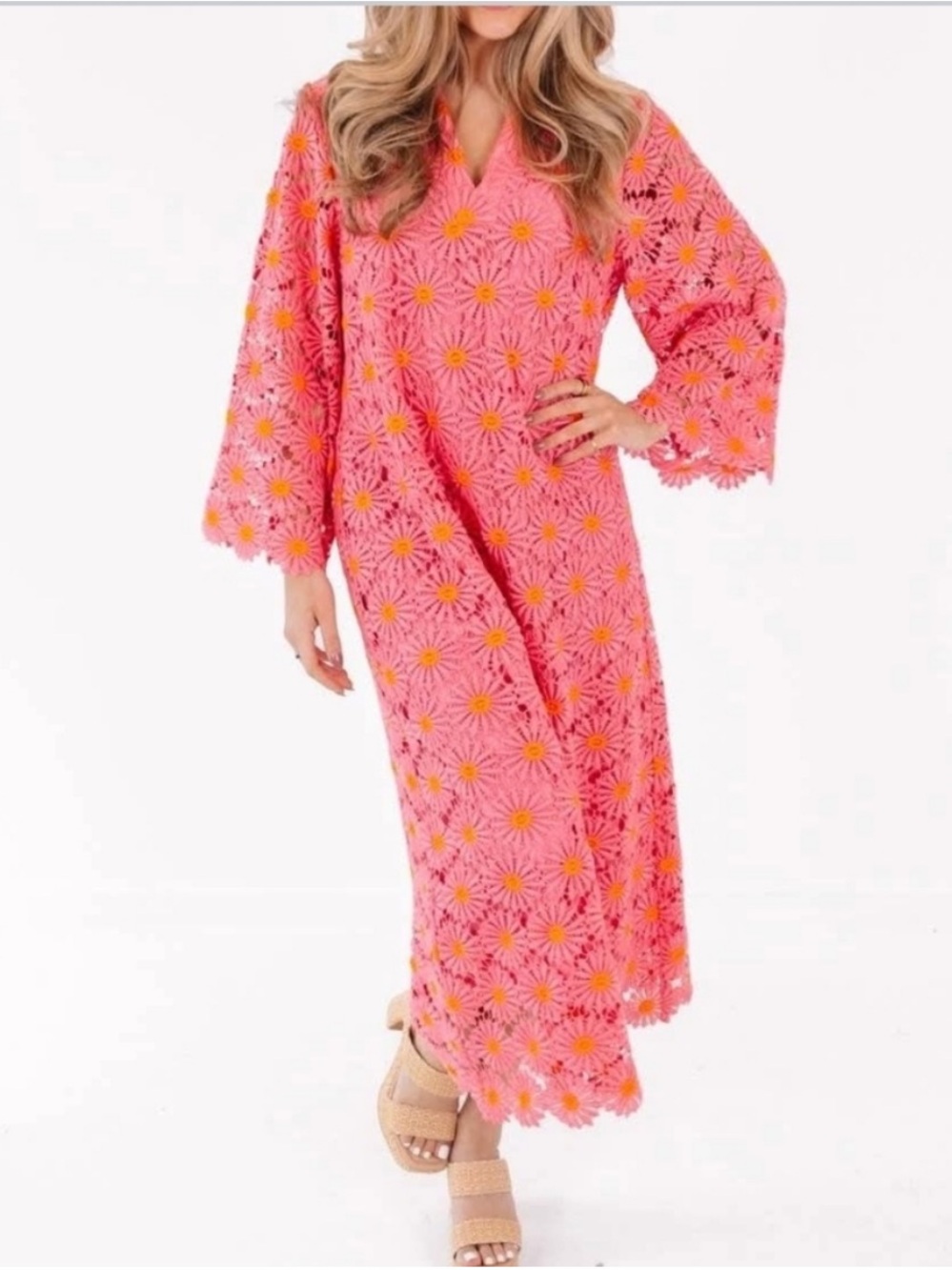 Pink Floral Crochet Maxi Dress with V-Neck
